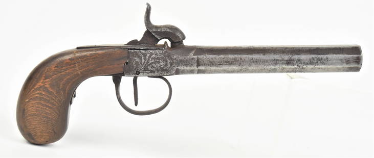 Continental Single Shot Pistol: Circa .45 caliber 4" octagonal barrel marked on left side FR and oval with FLG & five-pointed star, top hammer with floral engraving on frame & trigger guard, single piece wood grip, 8 3/8" long.