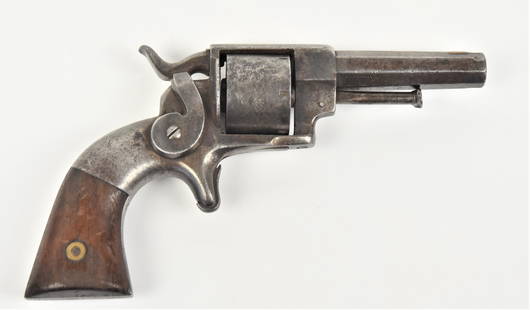 Allen & Wheelock Revolver: .32 caliber side hammer rim fire six shot revolver, marked on left side of 3" octagonal barrel Allen & Wheelock Worchester, Mass./Allens Pats. Sept. 7, Nov. 9, 1868, cylinder engraved with hunting