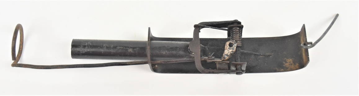 Percussion Trap Gun: Steel with shotgun barrel 5" long, circa 12 gauge muzzle loading in old likely original black paint, 11" long. These weapons were made to kill animals, note suggests this one was for moles. Others