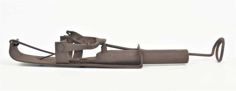 Percussion Trap Gun: Steel with shotgun barrel 5" long, circa 12 gauge muzzle loading, 12" long. These weapons were made to kill animals, note suggests this one was for moles. Others say they were used as bugler alarms.