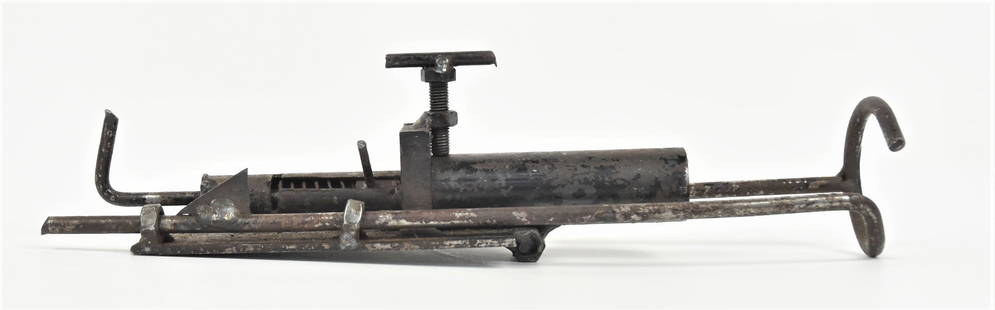 Percussion Trap Gun: Steel with shotgun barrel 3 3/8" long, circa 10 gauge muzzle loading in old likely original black paint, 11" long. These weapons were made to kill animals, note suggests this one was for moles.