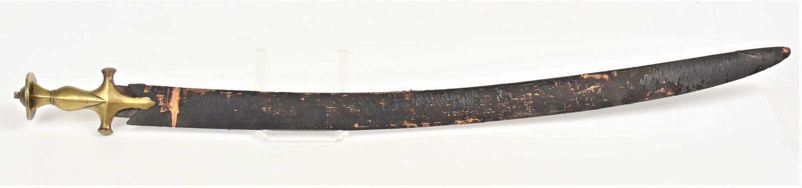 Indian Shamshir Sword & Scabbard: Steel 3 1/2" long single edge curving blade with Sanskrit? inscription on right face , brass single piece hilt with domed capstand rivet, total length 37", with leather covered 30” scabbard 32 1