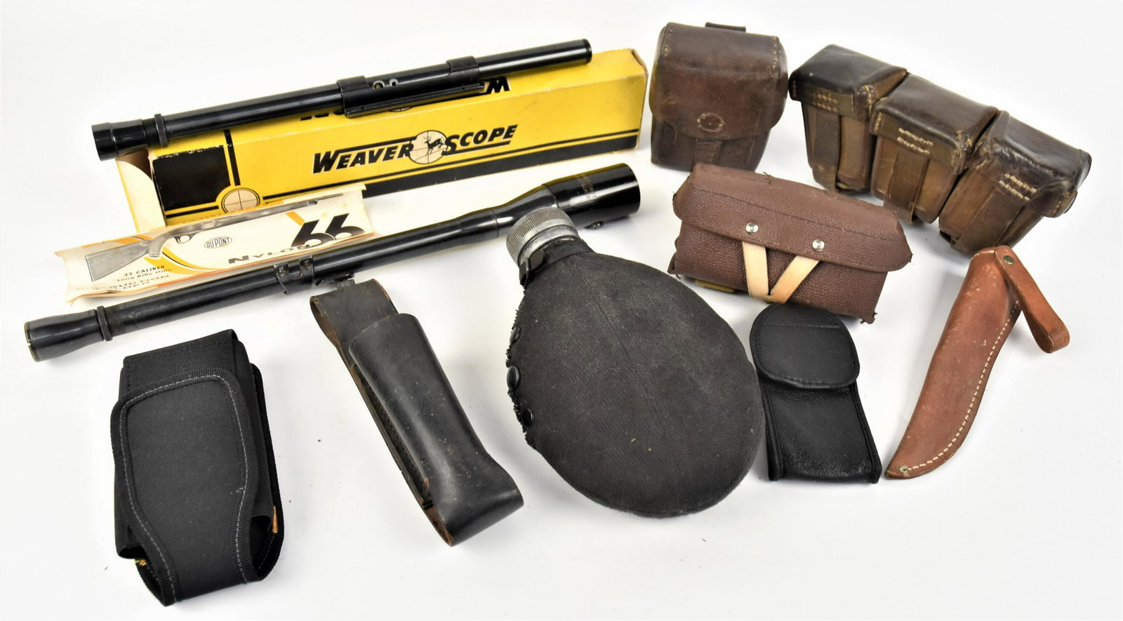 Military Cartridge Pouches, Scopes & More: Lot of ten, including brown leather three pouch Mauser K98 stripper clip belt pouch, WWI era, 9" long; plus brown leather belt pouch, likely for for oiler with double vile metal container inside stamp