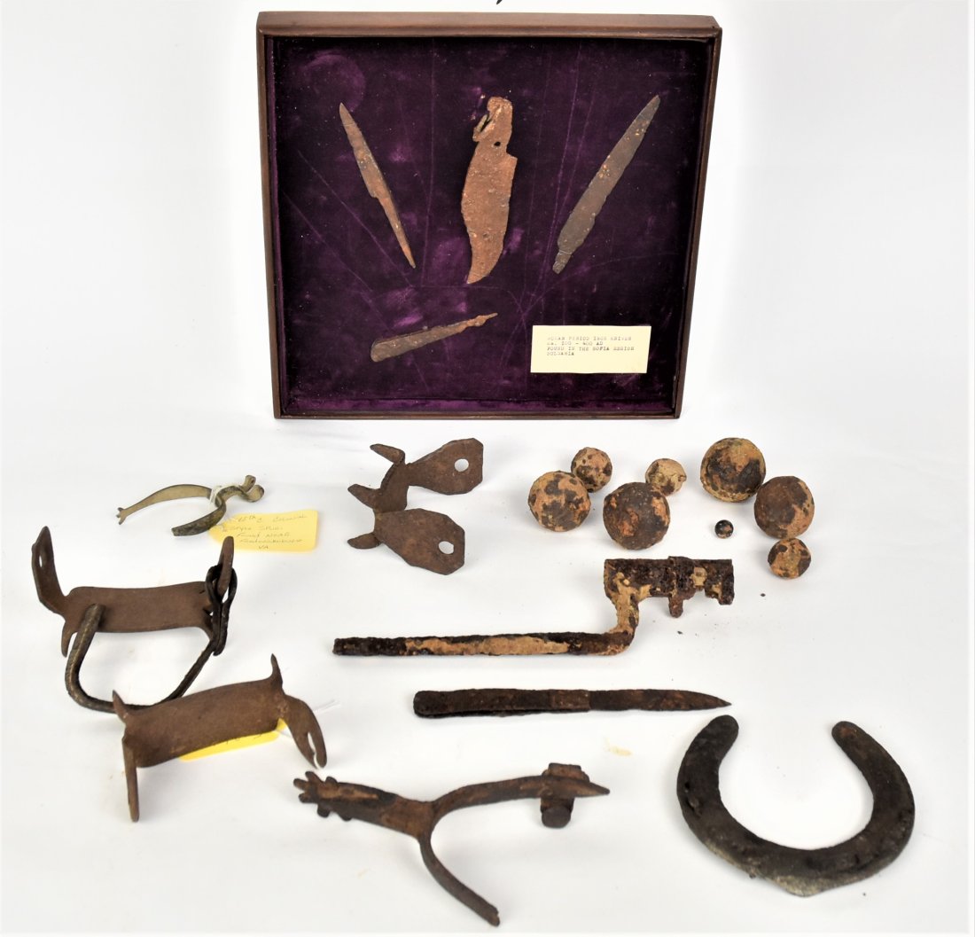 Battlefield Relics Plus: Lot of 19, including a brass Colonial style spur fragment; plus Civil War style steel spur; plus three early wrought iron crampons, one with partial leather strap, circa 4 1/2" long; plus rlic Civil W