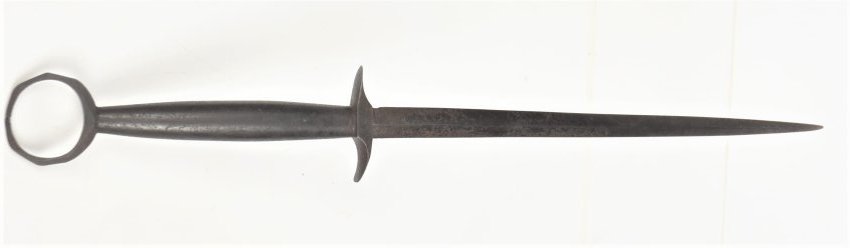 Francis Bannerman Sold Medieval Dagger: Wrought steel double edged single piece blade and hilt with 6 3/4" tapered blade, S guard, faceted ring pommel and rounded grip, total length 11 1/2". Condition nice brown patina, very slight & shallo