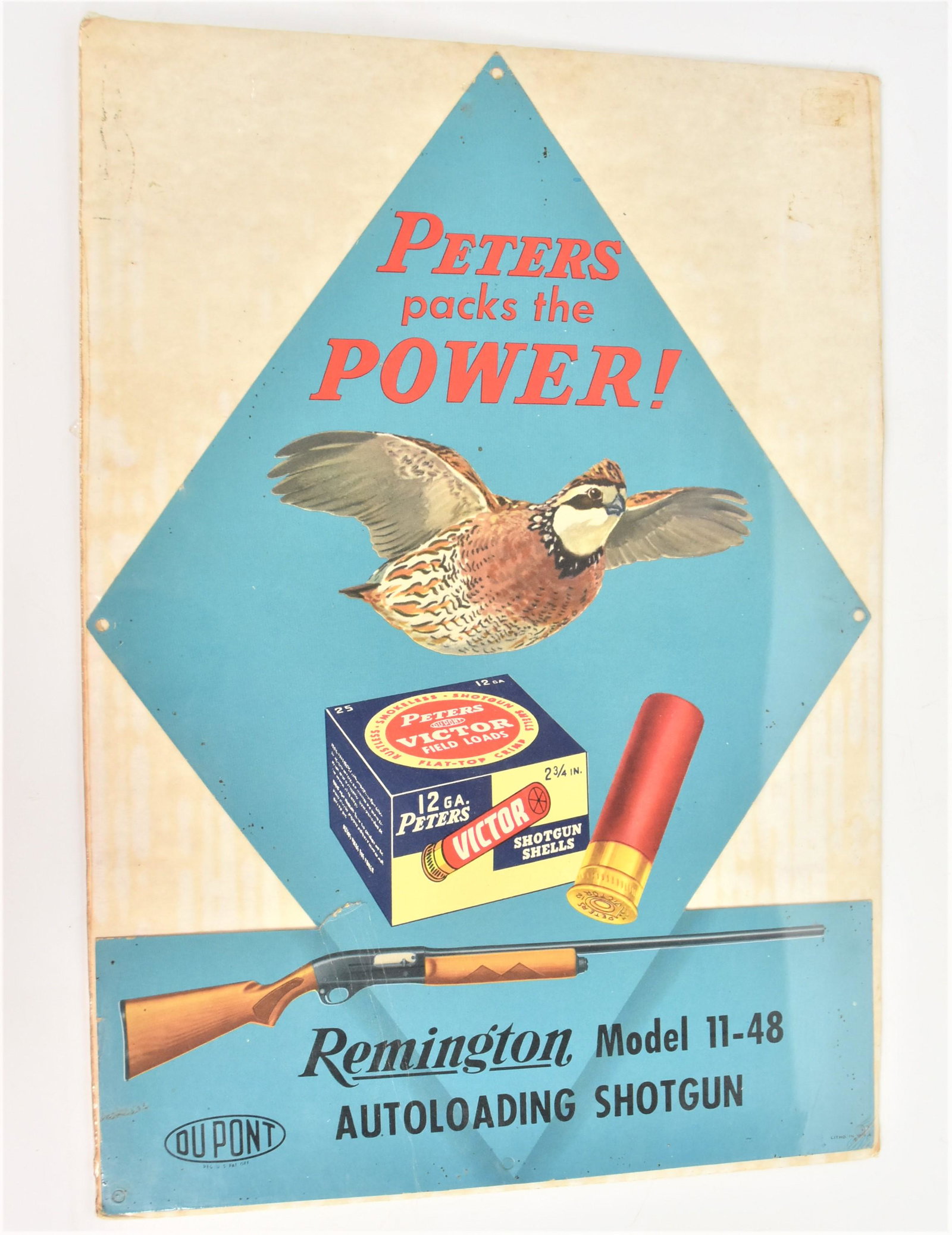 Peters Remington Chromolithograph Sign: Hanging card stock with image of quail in flight with box of Peters Victor 12 Ga. Shells and Remington Model 11-48 with red text above: Peters packs the Power! & black text below: Remington Model 11-4