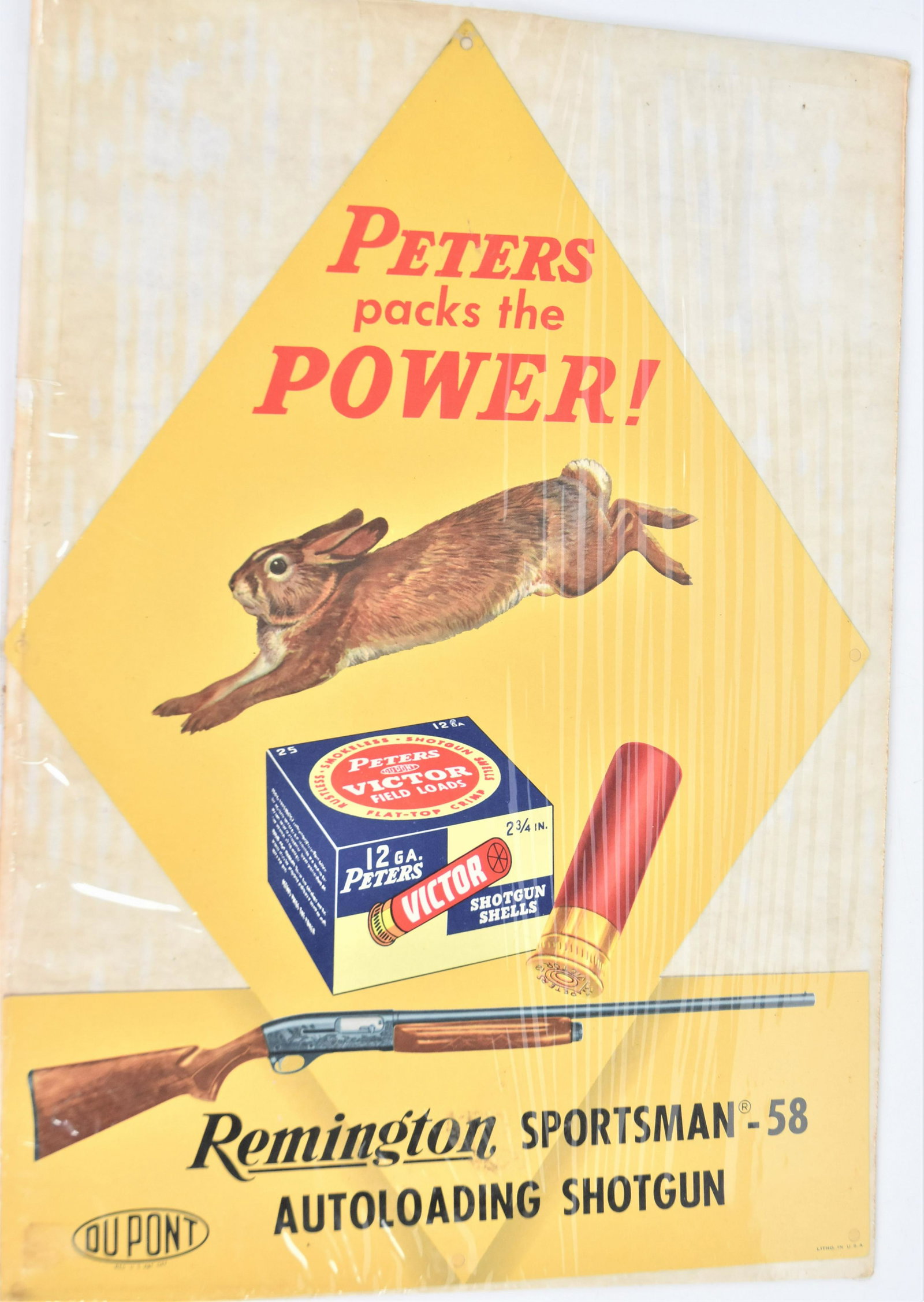 Peters Remington Chromolithograph Sign: Hanging card stock with image of running cottontail rabbit with box of Peters Victor 12 Ga. Shells and Remington Sportsman-58 with red text above: Peters packs the Power! & black text below: Remington