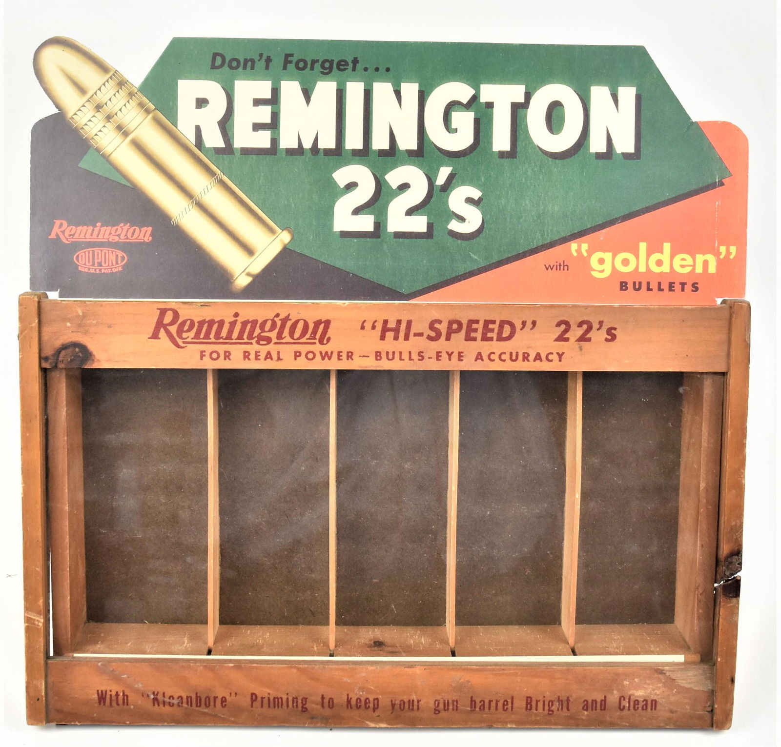 Remington High Speed 22 Display Case: Counter top in maple with lithographed red text reading as above and For Real Power-Bulls-Eye Accuracy With Kleanbor Priming to keep your gun barrel Bright and Clean. Slant lift front with five column