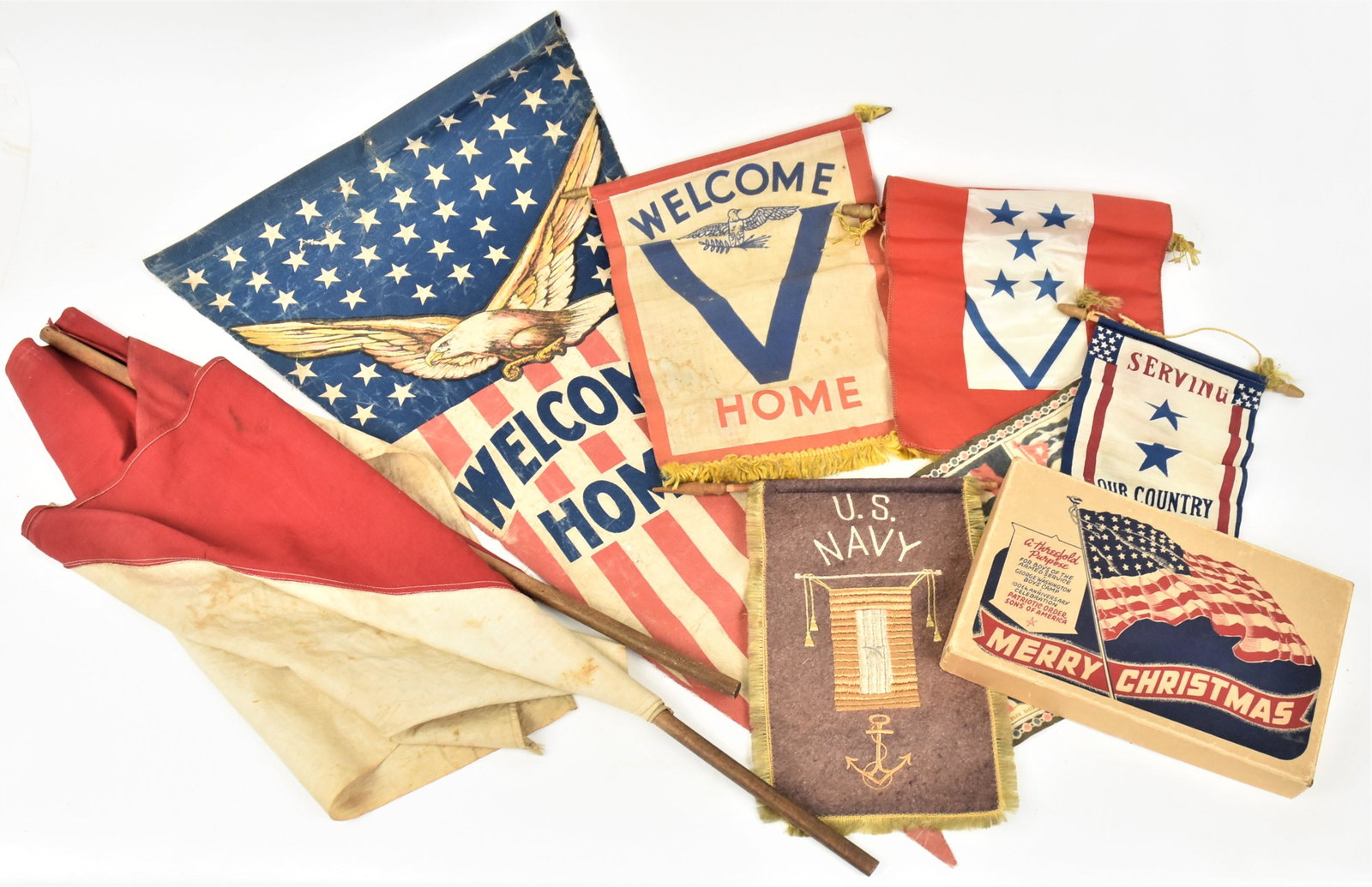 Lot of Flags: Including three different WWII Sons in Service window hangers, all of which are unusual in there own way, first one is hand embroidered for son in the U.S. Navy with wood hanger, 7 x10 1/2" high; plus
