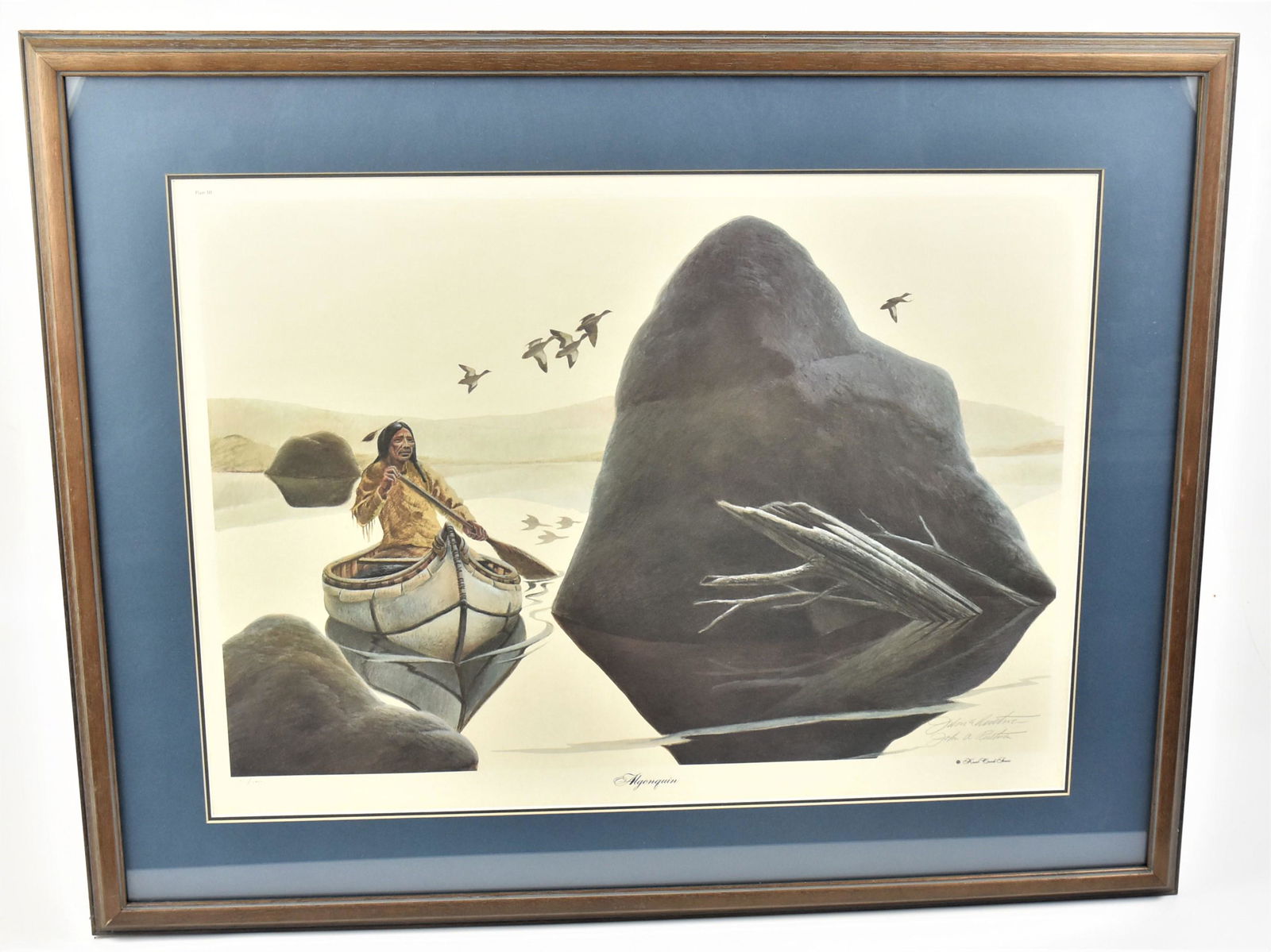 Signed John Ruthven Algonquin Print: Signed in pencil and in print lower right, titled lower center and with pencil 20/750 lower left, sight 22 x 163, matted & framed, 28 1/2 x 23". Condition VG+.