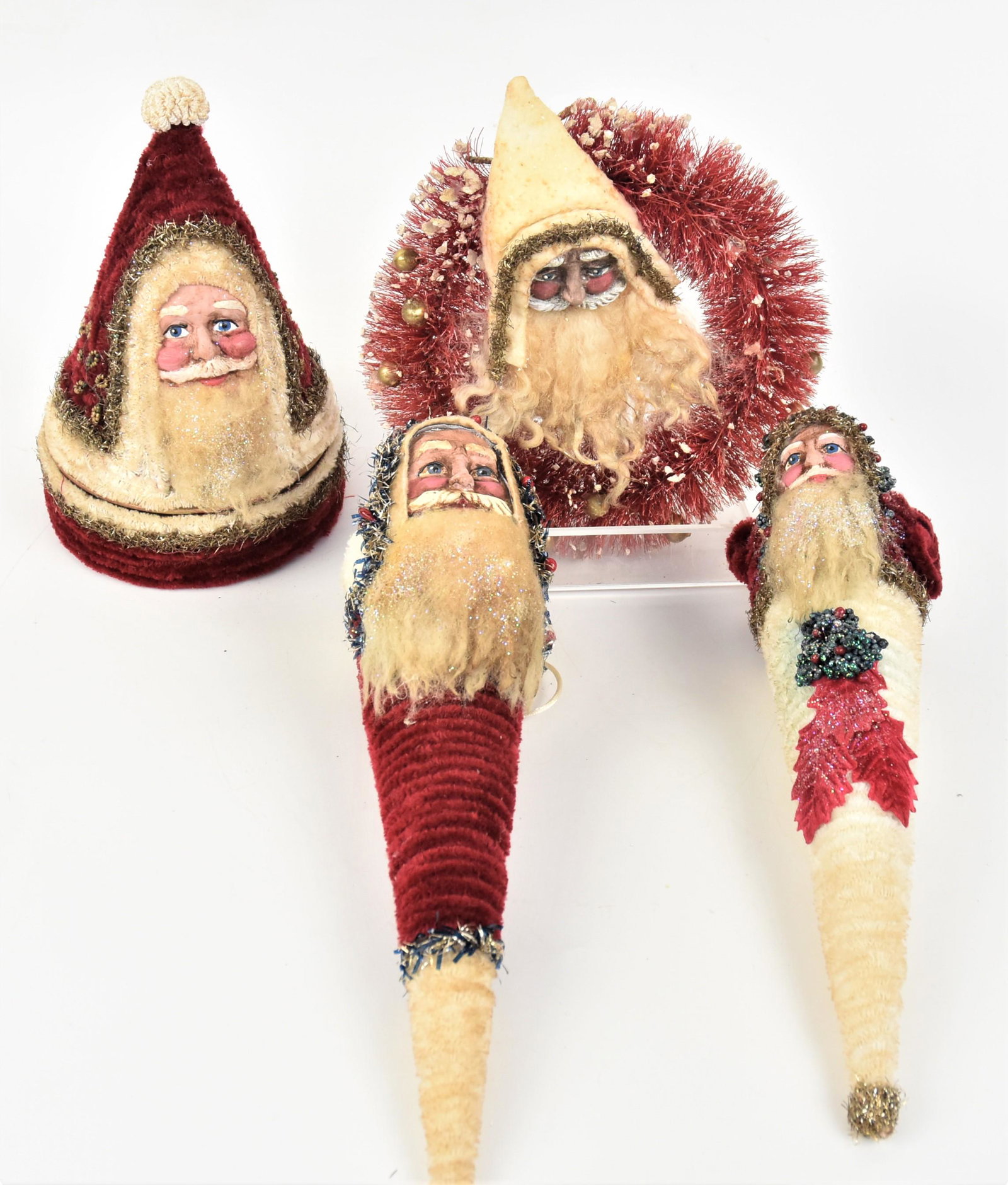 Dresden Style Christmas Ornaments: Lot of four all with composition painted faces, cone form is 12" high. Condition VG.