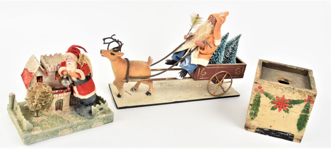 Early Santas Plus: Lot of three including a marked Made In Japan card stock home decorated with lithographed front door and Santa with painted composition face and cloth outfit, 6 1/4 x 4 1/4 x 6" high; plus reproductio
