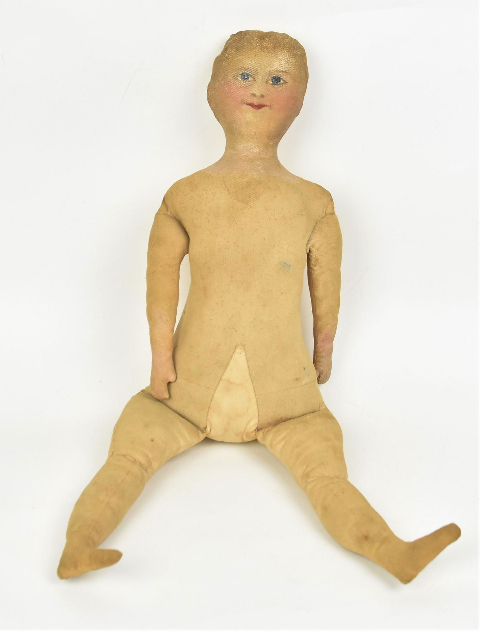 Victorian Oil Cloth Doll: Linen with cotton stuffing and painted head, nude, 20" tall. Condition VG.