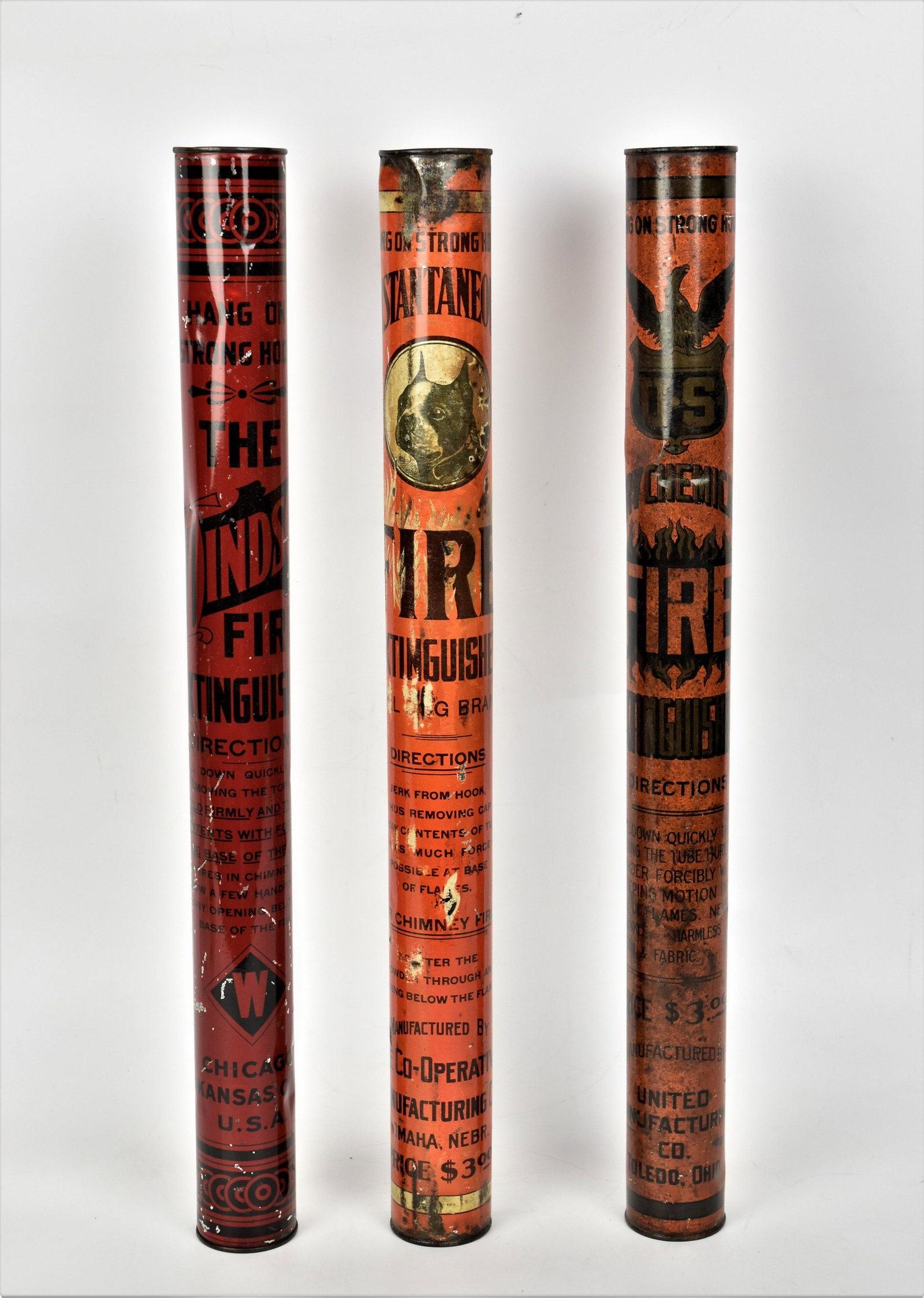 Three Early Tin Tubular Fire Extinguishers (1 of 3)