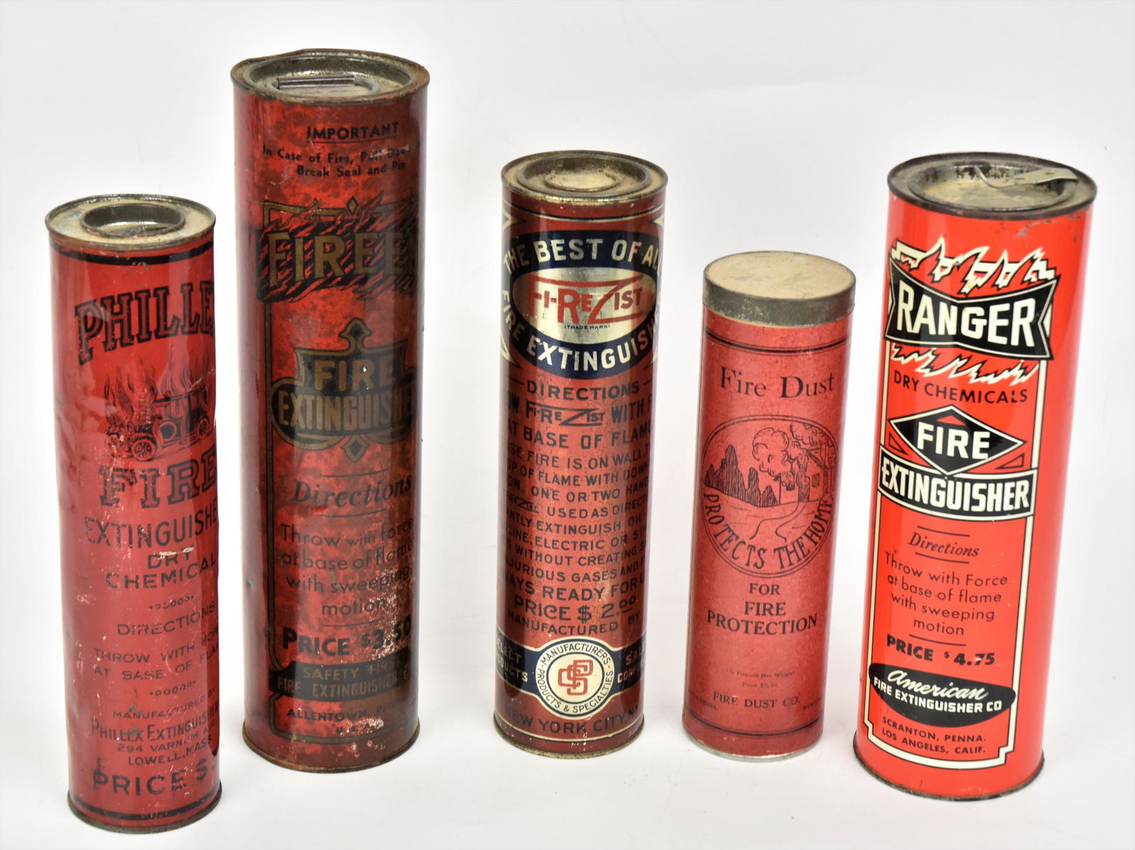 Five Early Tin Tubular Fire Extinguishers (1 of 3)