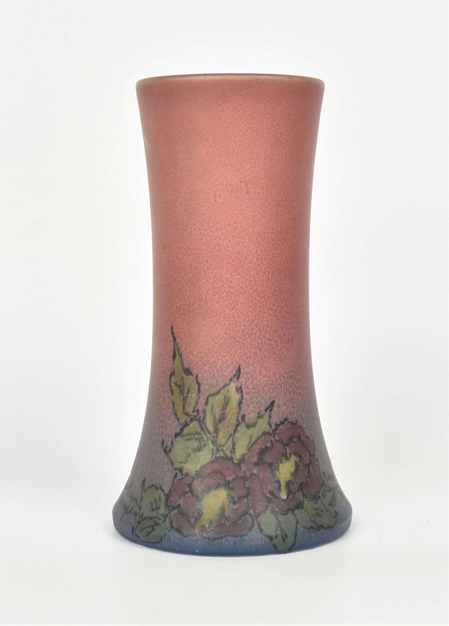 Rookwood Matte Glaze Vase by Vera Tischler: Red roses encircling the base, marked with the factory logo, 1922 date, 138D shape. Very good condition. Unusual form. Height 8 3/4"