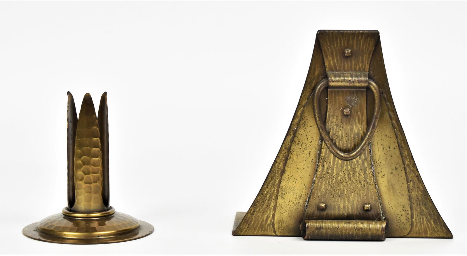 Roycroft Holder and Bookend: Hand Hammered coper vase holder with original patina, signed, 3 1/2 H x 3 1/4 " Dia , good condition, plus a bookend with rivited construction , original patina, signed, 5 " H x 5 1/2" W.