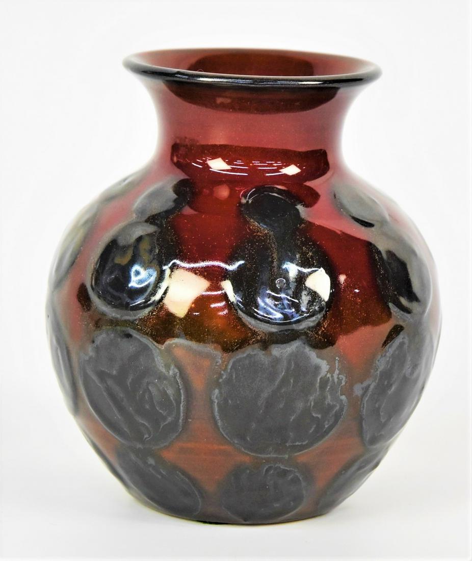 Rookwood Decorated Coromandel Vase by Elizabeth Barrett: Fabulous squeeze bag repeat design. Impressed with the factory logo, 1931, 6206F shape, and esoteric mark. Artist monogram in slip. Stylish vessel glistening with sparkly coppper dust. 5" H. Good cond