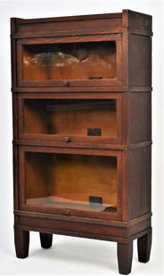 Arts and Crafts Mission Small Size Stacked Bookcase: Oak, Globe Wernicke Company, Rare small narrow three section stacked bookcase with original wooden knobs, very good original reddish brown finish, very good condition, 49 H x 26 W x 11 D. Sweet little