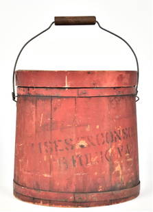 Early Briek Va. Sugar Bucket with Original Red Paint: Stave constructed in spruce with lid with bent wood band and bucket with steel bands, in original red painted finish with black stenciled DisesenoonsolBriek Va. (?), with heavy gauge wire swing