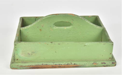 Decorated Cutlery Box: Poplar with two compartments and cut-out handle in old green painted finish, nice old patina, 13 x 9 3/4 x 5 1/4" high. Condition paint circa 85%, else VG.