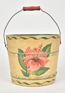 Decorated Bucket: Stave construction, likely spruce & pine with wire swing bale handle with red painted turned maple grip, two steel bands in early 20th century polychrome paint with white ground and painted flowers,