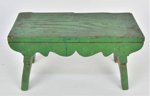 Early Foot Stool with Old Green Paint: 19th century in yellow pine In period green painted finish with nice scroll cut-out ends/feet and scalloped aprons, nice old patina, 8 x 16 x 8" high. Condition minor wear, paint circa 95%.