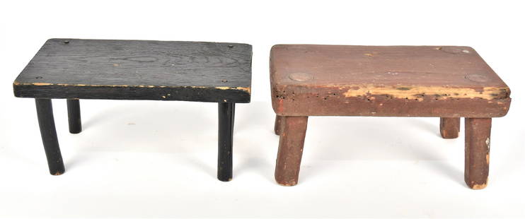 Two Country Foot Stools: Both 19th century in period painted finish, 1st in red paint with tapered square legs mortised through top in white pine and maple, 13 x 7 x 6 1.4" high; 2nd in oak with natural oak branches used as