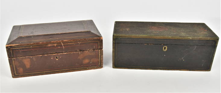 Two Decorated Boxes: Both 19th century, including jewelry box in mixed hard woods with original bronze stenciled fruit & floral on dark red ground with yellow, green and red banding, interior with lift out shelf, all