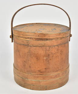 Decorated Sugar Bucket: 19th century in spruce and white pine with bent wood bands on lid and body, bent wood swing bale handle with turned wood pegs in original blue painted finish over red with old orange repaint, 13"