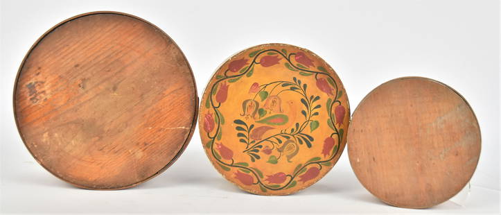 Three Early Pantry Boxes: All bent wood including largest in spruce & white pine in natural finish with bent wood band on lid, nice old patina, 9" diameter x 4 1/2" high; plus smallest bent hickory in natural finish with