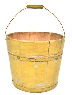 Decorated Shaker Water Bucket: Stave Construction in spruce & white pine with two steel bands and wire swing bale handle with turned maple grip, with tin diamond shaped back-plate in old yellow over gray painted finish, 13"