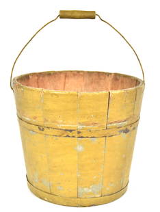 Decorated Shaker Water Bucket: Stave Construction in spruce & white pine with two steel bands and wire swing bale handle with turned maple grip, with tin diamond shaped back-plate in old yellow over gray painted finish, 13"