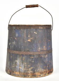 Shaker Paint Bucket with Original Blue Paint: Spruce & white pine in original blue painted finish with three steel bands, wire swing bale handle with turned maple grip, with tin diamond shaped back-plate, interior with old layers of paint, 13