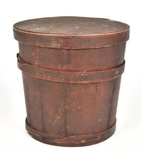 Early Lidded Decorated Bucket: Spruce in period red panted finish with one band on lid and two on body, fine patina, 9 1/4" diameter x 9" high. Condition lower band cracked and glued, else VG.