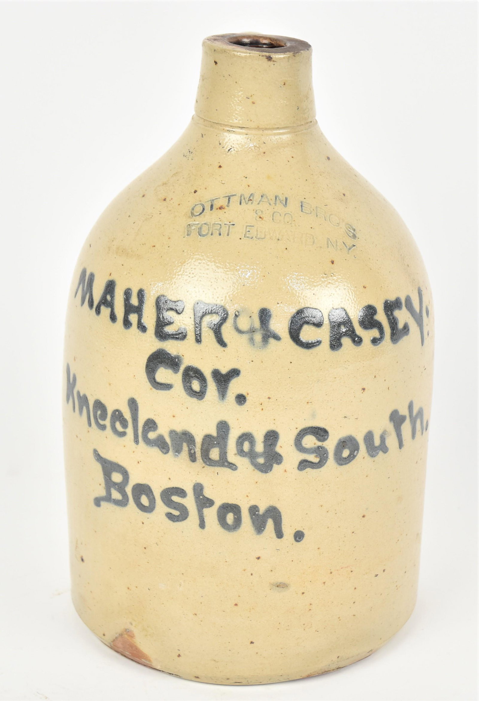 Maher & Casey Boston Blue Decorated Stoneware Jug: Salt glaze stamped Ottman Bros. & Co. Port Edwards, N.Y. 2 brushed with cobalt on shoulder with painted Maher & Casey Cor. Kneelend & South. Boston, straight sided with Albany glazed interior and appl