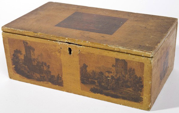 19TH CENTURY PAINT DECORATED DOCUMENT BOX: Old yellow paint with scenes on top and all four sides. Probably Maine. 12" x 7" x 4 1/2".