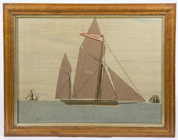 NEEDLEWORK WOOLIE OF ENGLISH SHIP JAMES YOUNG: 18 3/4" x 26" 19th Century needlework of ship with British flag that is in reverse - James Young, also has 54 on mast. James Young (1762-1833) Royal Navy officer who served during French Revolution &