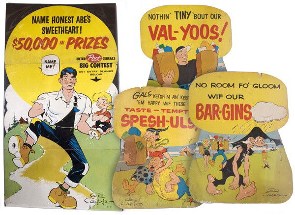 FOUR LIL ABNER POST CEREAL ADVERTISING SIGNS: 1940's signs for Post depicting members of the dog patch comic series by Al Capp. Lil Abner 65" x 35 1/2". Other one 27" x 21" and double sided. All with some wear.