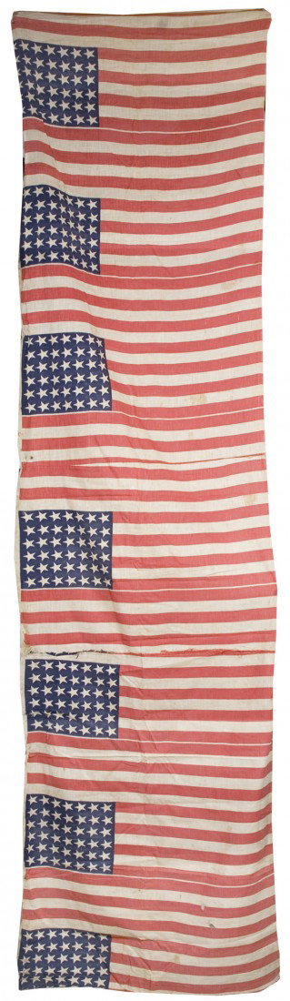 UNCUT 42 STAR U.S. FLAGS: Likely used as patriotic bunting with cantons having six rows of seven stars. Cotton. Minor wear at margins otherwise very good. 109" x 24".
