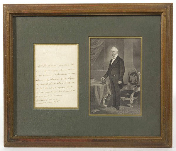 JAMES BUCHANAN LETTER ON WHITE HOUSE STATIONERY: From James Buchanan, dated April 18, 1855, declining an invitation, 5" x 7", framed with engraved portrait of Buchanan, 13.5" x 16.5". Very good not removed from frame.