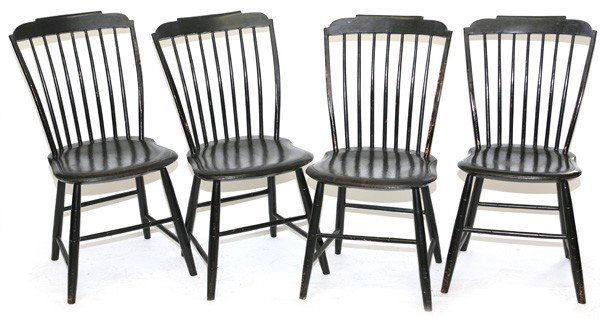 SET OF 4 STEP DOWN WINDSOR CHAIRS: Circa 1820-1830 matching set with black paint. Very good condition. 34 1/2" high x 17" wide x 16" deep.