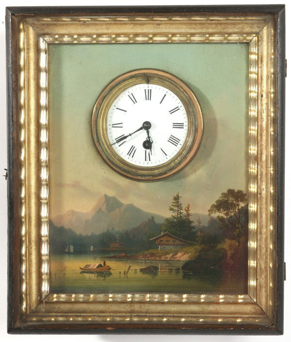FINE ANTIQUE FRENCH PICTURE CLOCK: On tin panel, Swiss mountain landscape with 4" porcelain enameled dial in sky with brass eight-day time only works marked "Jules Rolez Limited Paris", with key in gilt and ebonized frame. Fine conditi