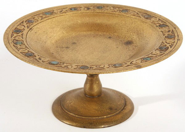 TIFFANY GOLD DORE BRONZE ABALONE TAZZA: Marked "Tiffany Studios/New York/1703". Very good condition. 6.8" diameter x 3.25" high.