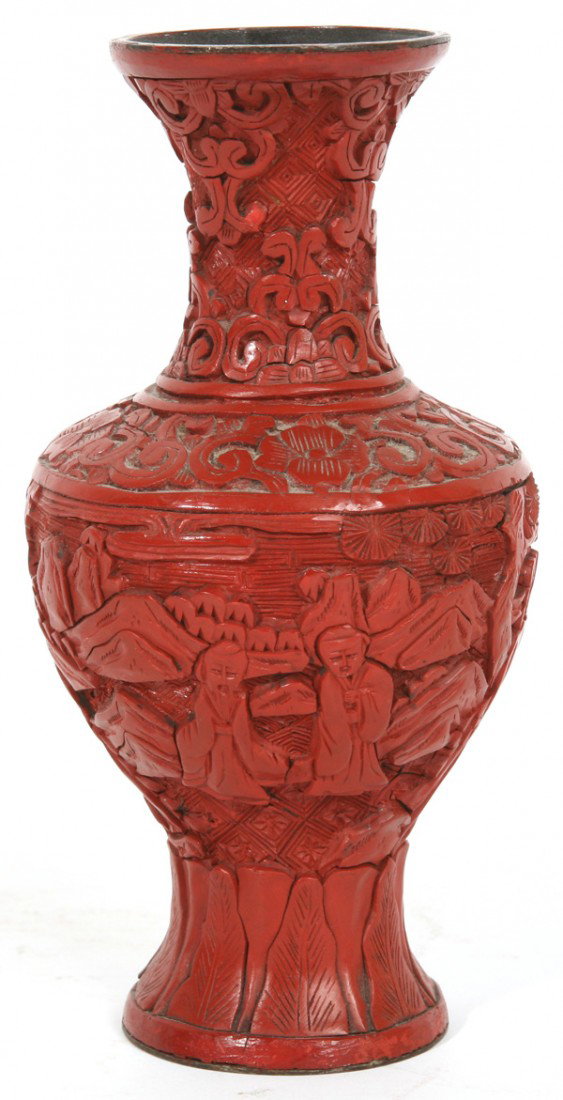 BALUSTER FORM CHINESE CINNABAR VASE: With landscape and people. Marked "#4 China" in red crayon on base. Very minor damage. 6.5" high.