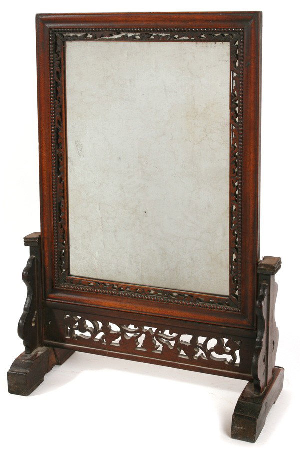 CHINESE TABLE TOP MIRROR: In exotic hardwood in stand, fine old patina. Fine condition. 18.5" x 29" high.