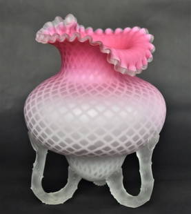 Large Pink Satin Diamond Quilted Art Glass Vase: Pink Satin Diamond quilted mother of pearl vase, Camphor branch legs & ruffle top trim. Very good condition. 10 H x 8 W.