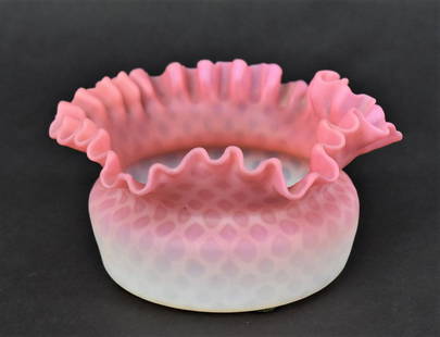 Pink Satin Diamond Quilted Art Glass Vase: Pink Satin Diamond quilted vase with pie crust rim, Velvet smooth. Very good condition, 2 3/4"H x 5" W