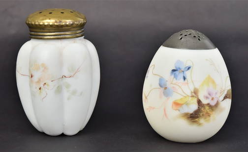 Two Mount Washington Art Glass Sugar Shakers: With hand printed floral design, Egg is 4 1/4" H, Melon ribbed is 5" H. Both in good condition.