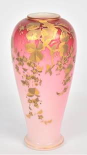 Shiny Peach Blow Art GlassVase: Gold floral & leaf branch, hand decorated. Very good condition, measures 8" H